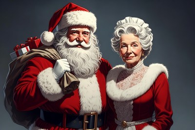 Santa Claus and Mrs. Claus with gifts