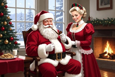 Santa Claus and Mrs. Claus by Fireplace