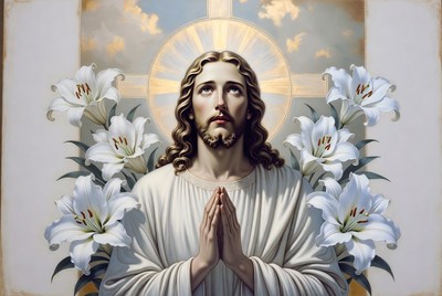 Jesus Praying with Lilies and Cross
