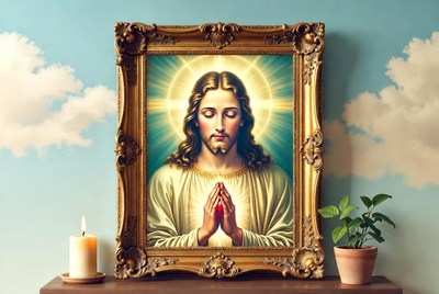 Framed Praying Jesus Portrait with Candle