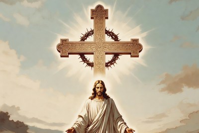 Jesus Christ under glowing cross