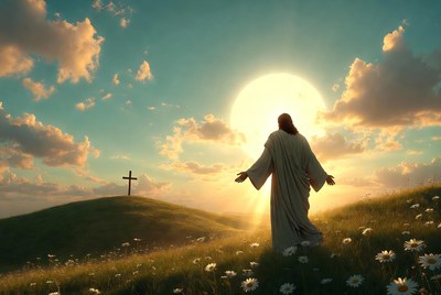 Jesus standing before cross at sunset