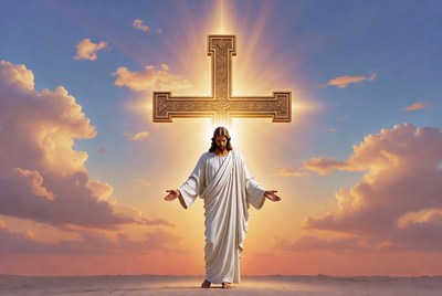 Jesus standing before glowing cross