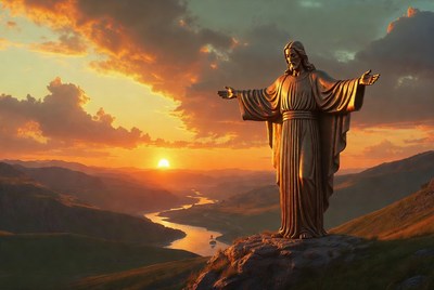 Jesus Statue at Sunset Over Mountains