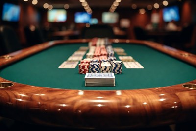 Poker chips and cards on casino table