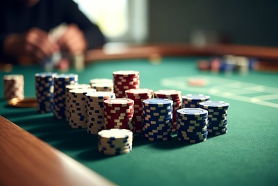 Poker chips stacks on green table