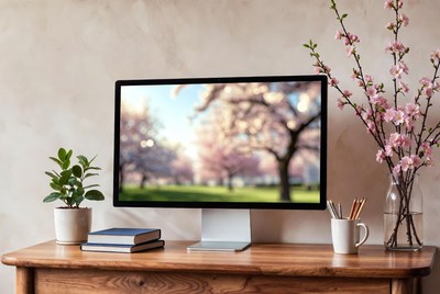 Desk with Cherry Blossom Monitor Screen