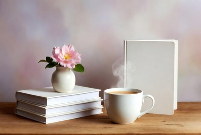 Pink Flower with Tea and Books