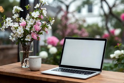 Laptop with Cherry Blossoms and Coffee