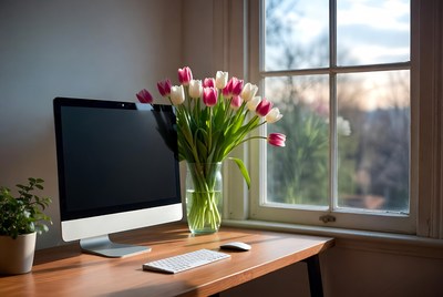 Pink Tulips Beside Desk Computer