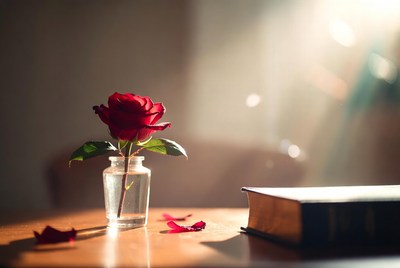 Red Rose in Glass Vase on Book