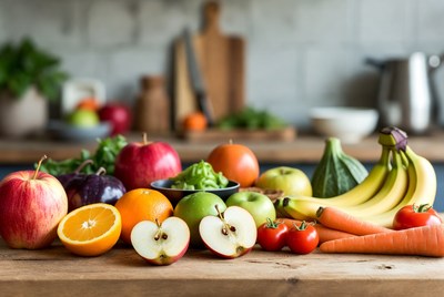 Fresh Fruits and Vegetables on Wooden Table