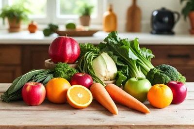 Fresh vegetables and fruits on wooden table