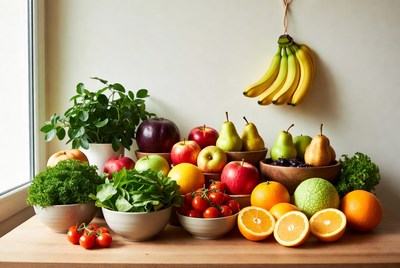 Fresh Fruits and Vegetables on Table
