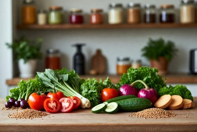 Fresh vegetables on wooden table
