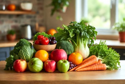 Fresh vegetables and fruits on kitchen table