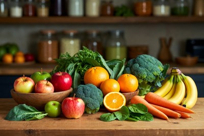 Fresh Fruits and Vegetables on Wooden Table