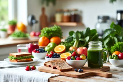 Healthy Breakfast with Fruits and Green Juice