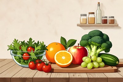 Fresh Fruits and Vegetables on Table
