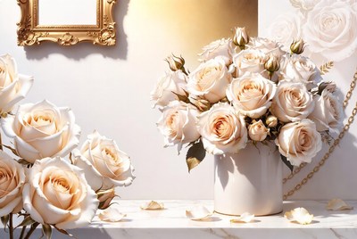 Cream Roses in White Vase