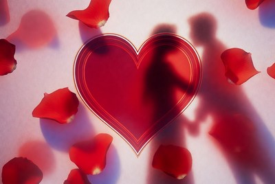 Silhouette Couple in Red Rose Heart