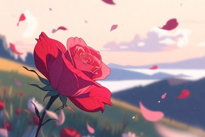 Red Rose with Petals in Scenic Landscape