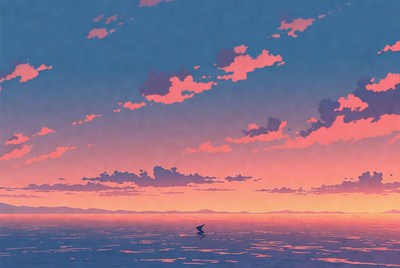 Lone Boat on Sunset Sea