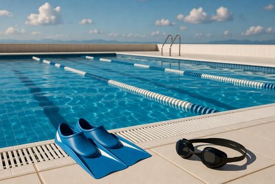 Blue Swim Fins Goggles Poolside