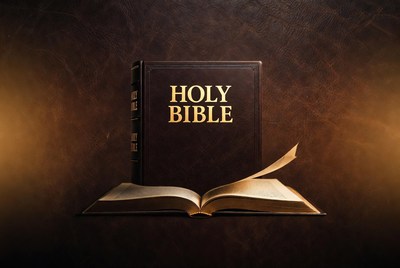 Open Holy Bible on leather background