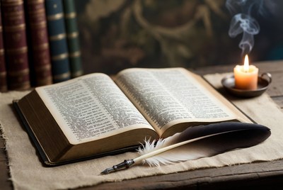 Open Bible with Candle and Quill