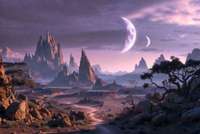 Alien Desert Landscape with Twin Moons