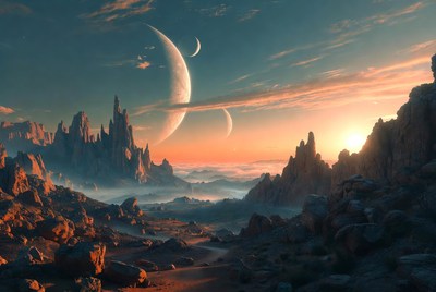 Alien Planet with Multiple Moons at Sunset