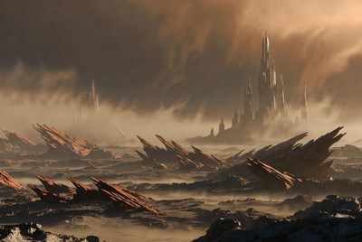 Futuristic Castle in Foggy Alien Landscape