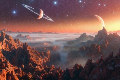 Saturn over Alien Red Mountains