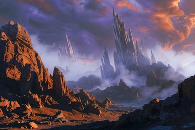 Majestic Spiked Towers in Misty Mountains