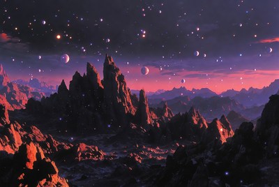 Alien Red Mountains Under Starry Sky