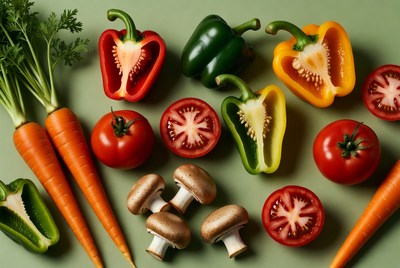 Colorful Fresh Vegetables on Green Background