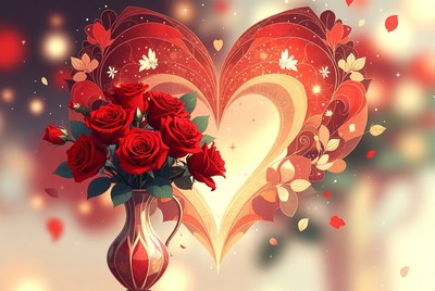 Red Roses Bouquet in Heart Background