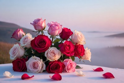 Bouquet of Pink and Red Roses on Table