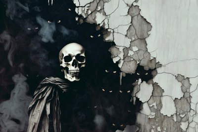 Human skull in smoke and cracked wall