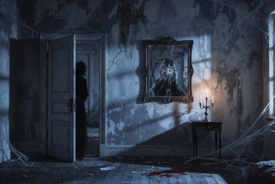 Silhouette woman in haunted room