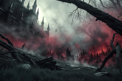 Gothic Castle in Foggy Forest