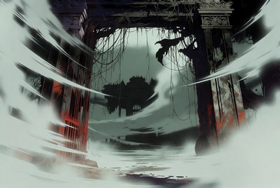 Ruined Ancient Gate with Vines and Fog