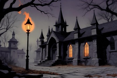 Gothic Church with Lit Lantern