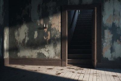 Open Door to Dark Staircase in Abandoned Room