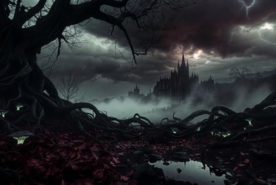 Dark Gothic Castle in Stormy Night
