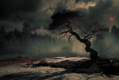 Twisted Pine Tree in Dark Foggy Forest