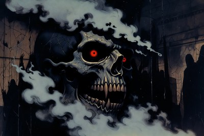 Red-Eyed Skull with Smoke and Shadows