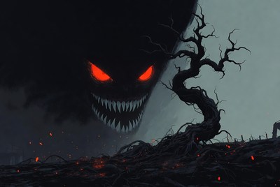 Demonic Face Behind Twisted Tree
