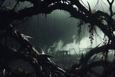 Twisted Branches Framing Ruined Structures